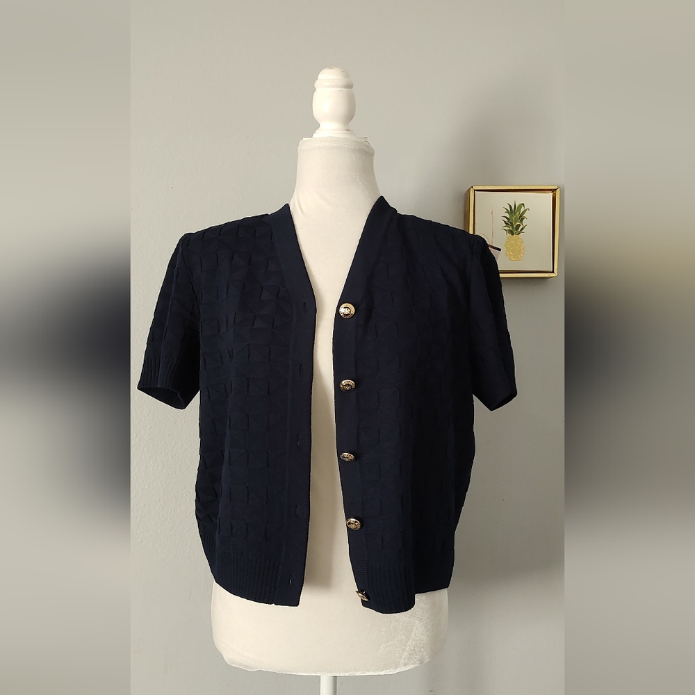 St John Basics Navy Knit Short Sleeve V-Neck Cardigan Size P Navy Blue Buttons